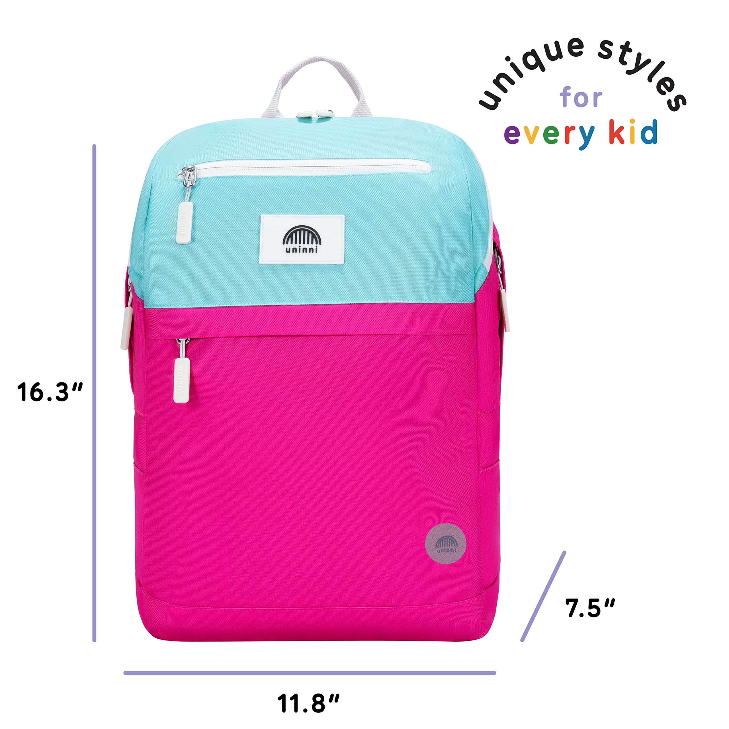 uninni 16" Kid's Backpack for Girls and Boys Age 6+ with Padded, and Adjustable Shoulder Straps. Fits for Height 3'9" Above Kids (Color Block Fuchsia/Green)