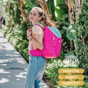 uninni 16" Kid's Backpack for Girls and Boys Age 6+ with Padded, and Adjustable Shoulder Straps. Fits for Height 3'9" Above Kids (Color Block Fuchsia/Green)