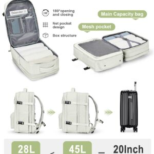 Large Travel Laptop Backpack, Expandable Flight Approved Backpack, Carry on Backpack for Women, Waterproof 17inch Laptop Hiking Backpack with Shoe Compartment, Moon White