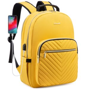 lovevook laptop backpack purse for women, work business travel computer bags, college nurse backpack for womens, quilted casual daypack with usb port, fit 15.6 inch laptop, yellow