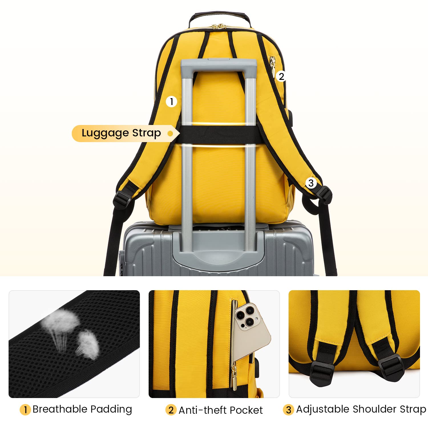 LOVEVOOK Laptop Backpack Purse for Women, Work Business Travel Computer Bags, College Nurse Backpack for Womens, Quilted Casual Daypack with USB Port, Fit 15.6 Inch Laptop, Yellow