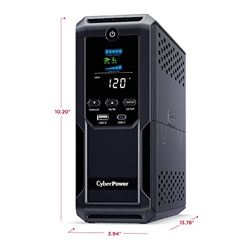 CyberPower CP1500AVRLCD3 Intelligent LCD UPS System, 1500VA/900W, 12 Outlets, 2 USB Ports, AVR, Mini Tower, Black