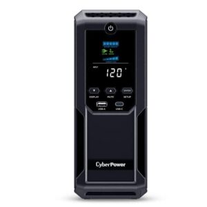 CyberPower CP1500AVRLCD3 Intelligent LCD UPS System, 1500VA/900W, 12 Outlets, 2 USB Ports, AVR, Mini Tower, Black