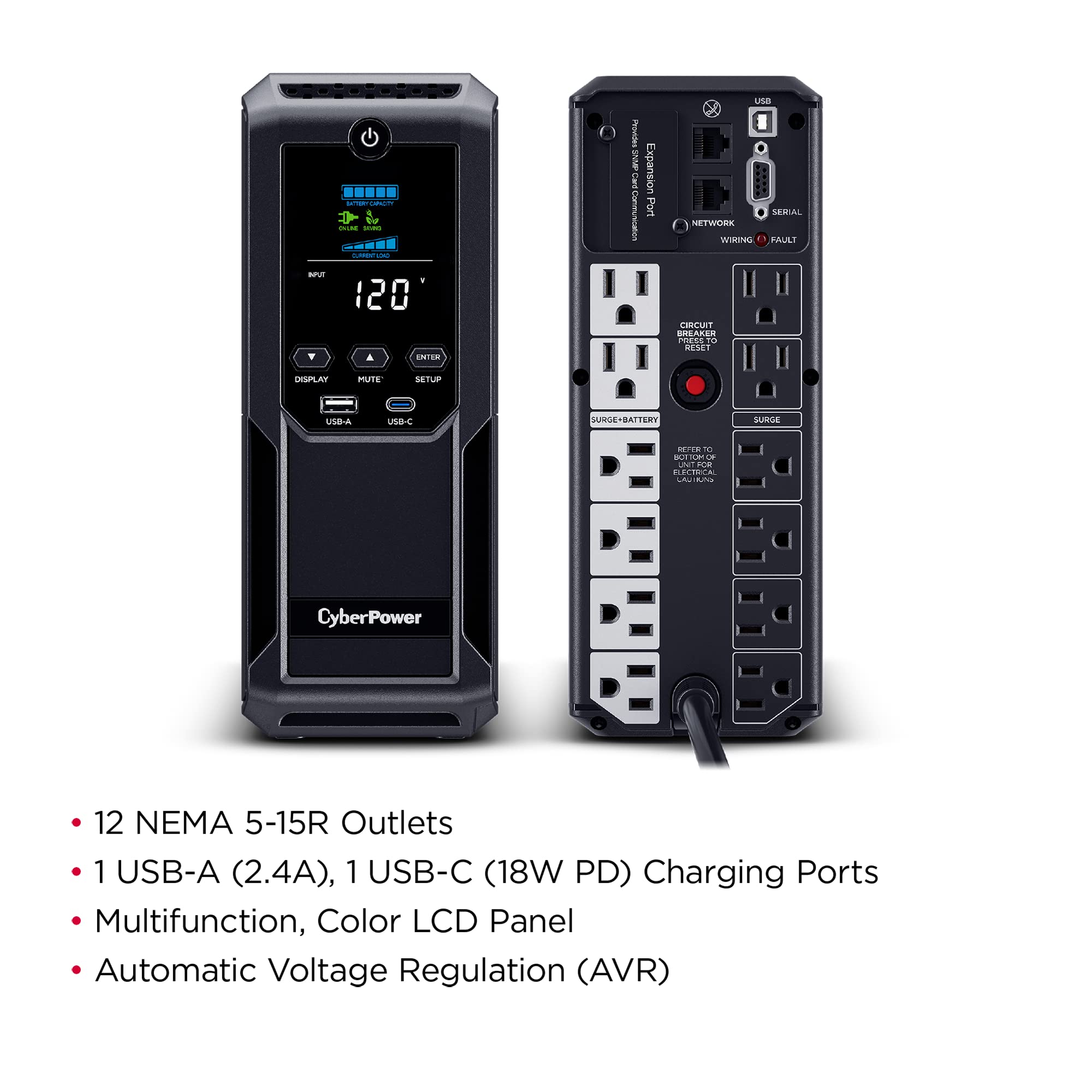 CyberPower BRG1500AVRLCD2 Intelligent LCD UPS System, 1500VA/900W, 12 Outlets 2 USB Ports, AVR, Mini-Tower, 5-Year Warranty