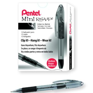 Pentel BK91MNA-A Pentel Mini R.S.V.P. Stick Ballpoint Pen, Translucent Brl, Black Ink, Med Pt, Pack of 12