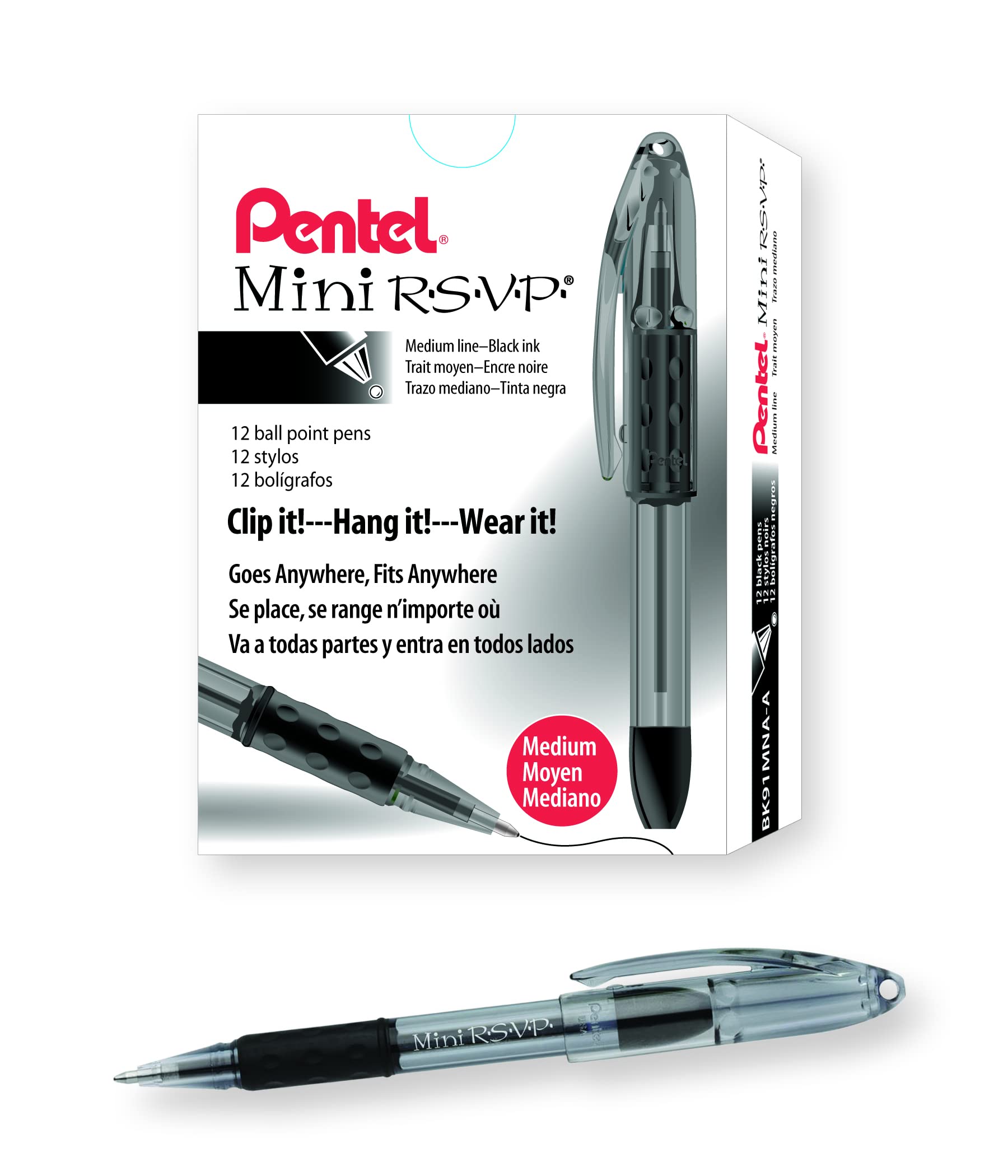 Pentel BK91MNA-A Pentel Mini R.S.V.P. Stick Ballpoint Pen, Translucent Brl, Black Ink, Med Pt, Pack of 12