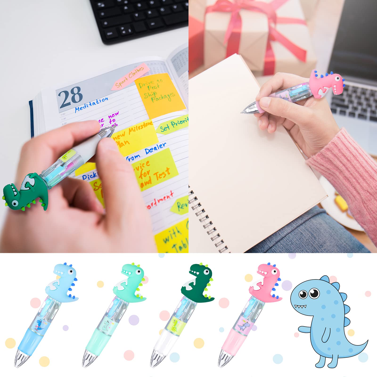 Chinco 12 Pieces Mini Dinosaur Pen Multicolor Dinosaur Ballpoint Pen Retractable Gel Ink Dinosaur Pen Shuttle Pen for Kid Office School Valentine Party Favor (Dinosaur Style)