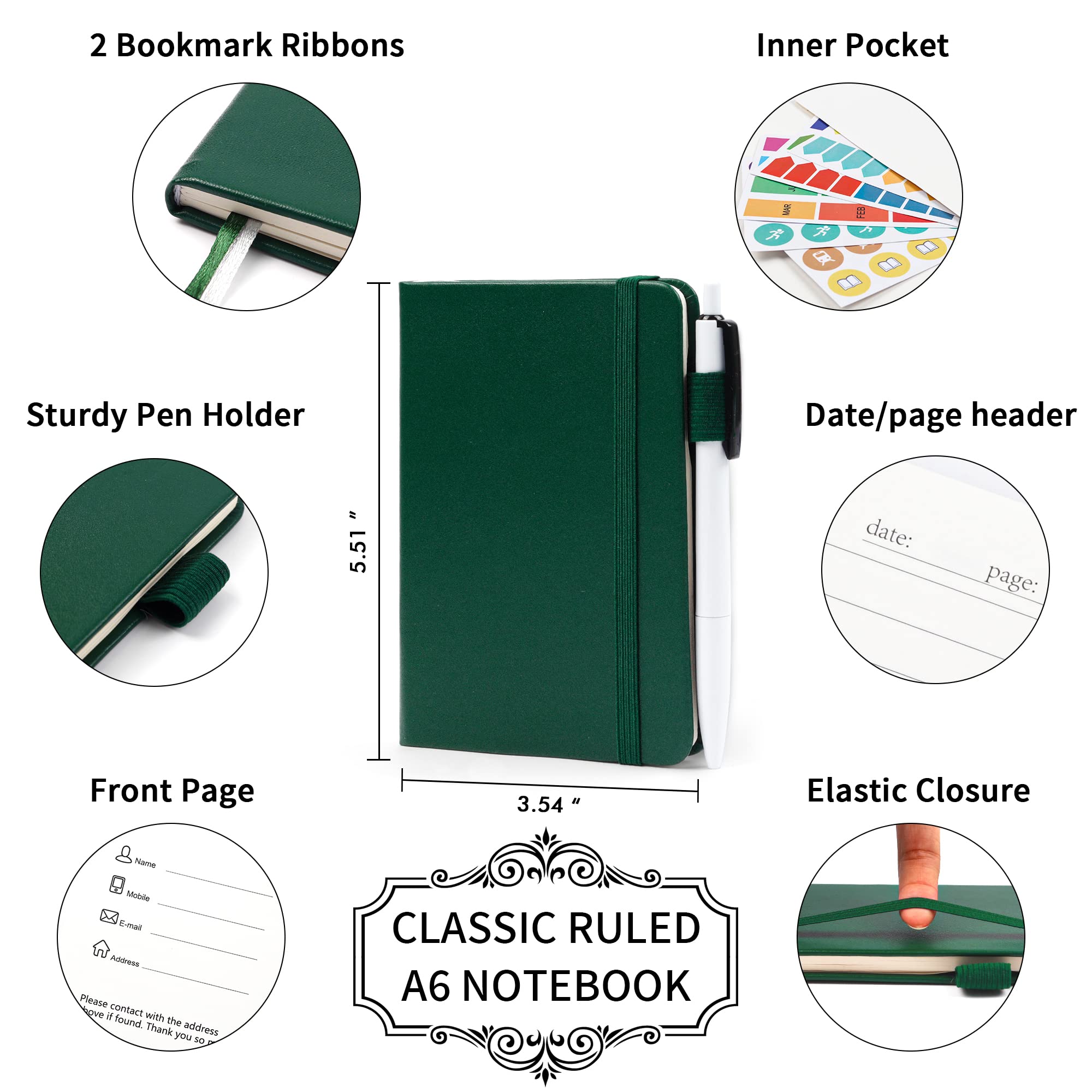 15 Pack Pocket Small Notebooks Bulk, Feela Mini Cute Notepads Hardcover College Ruled Lined Journals with Pen Holder for School Business Memos, with 15 Black Pens, 3.5”x 5.5”, A6, Dark Green