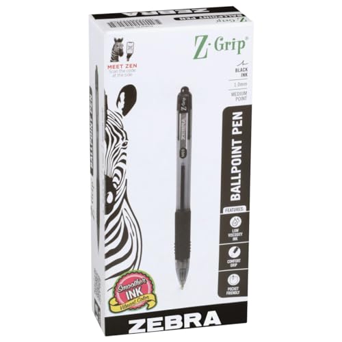 Zebra Pen Z-Grip Retractable Ballpoint Pen, Medium Point, 1.0mm, Black Ink, 12-Count