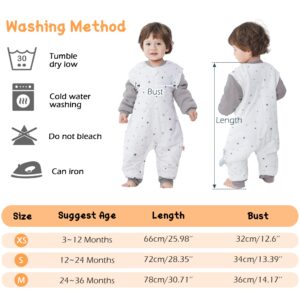 LAT Baby Sleep Bag with Feet Winter, Wearable Blanket with Legs, Warm Sack for Toddler Thicken 2.5 TOG-Sleepsuit Removable Sleeves-Hip Open With Buckle(Gray+White Stars,XS/70)