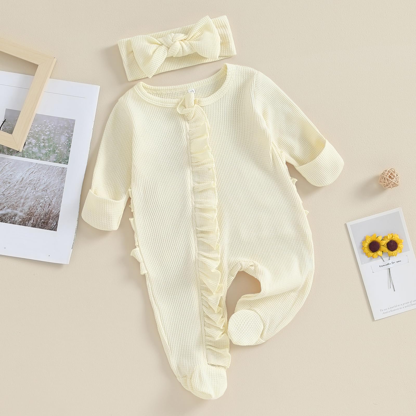 Newborn Baby Boy Girl Footie Romper Jumpsuit Zipper Solid Sleep And Play Pajamas One Piece Romper Jumpsuit Playsuit (Beige, Newborn)