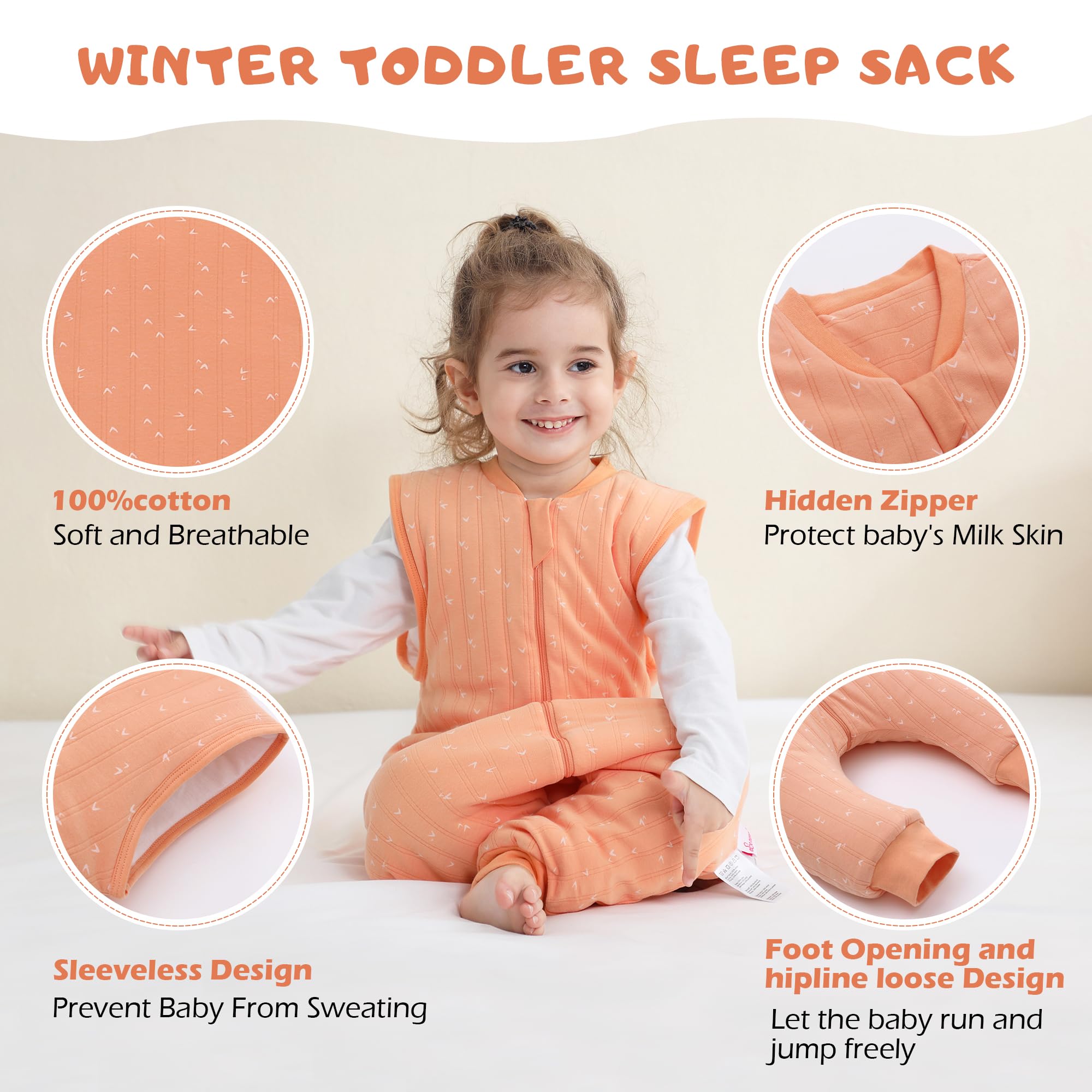 LAT Baby Sleep Bag with Feet Winter,Sleeveless Nightgowns Wearable Blanket with Legs,Warm Sack for Infant Toddler Thicken 2.5 TOG-Sleepsuit,1-6T(Orange White Heart,L/100)