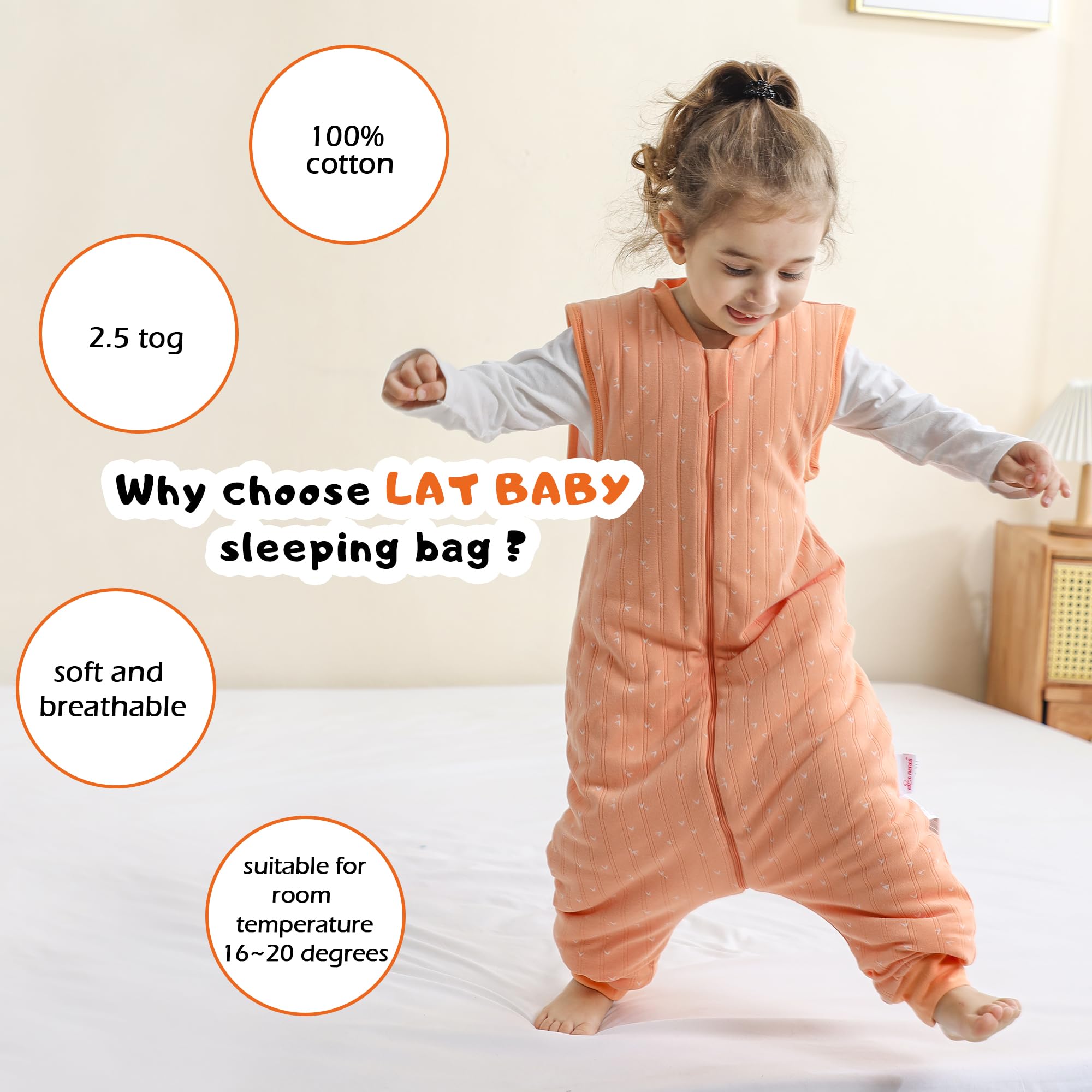 LAT Baby Sleep Bag with Feet Winter,Sleeveless Nightgowns Wearable Blanket with Legs,Warm Sack for Infant Toddler Thicken 2.5 TOG-Sleepsuit,1-6T(Orange White Heart,L/100)