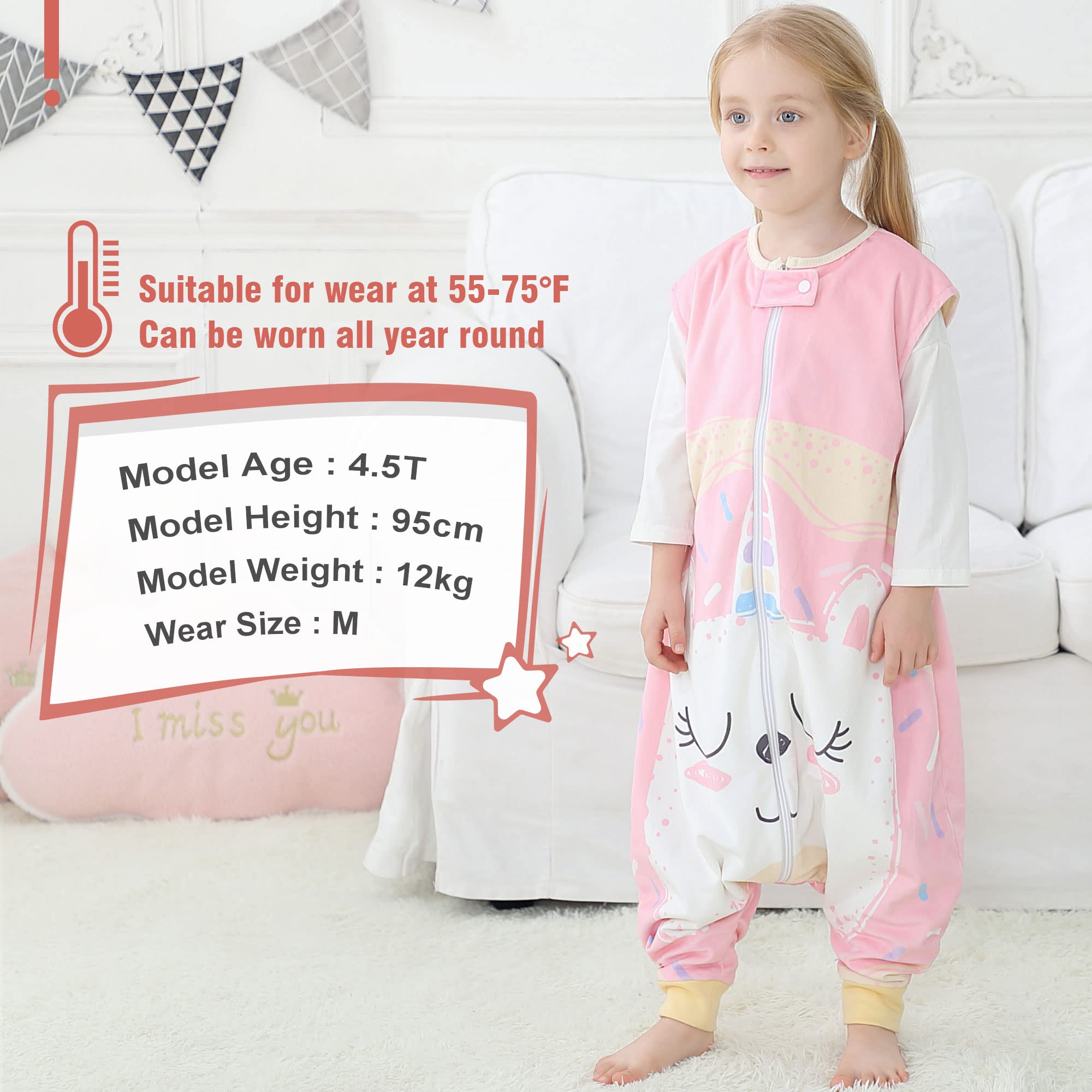 MICHLEY Baby Sleeping Bag Sack with Feet Spring Autumn 2-Way Zipper Swaddle Wearable Blanket Sleeveless Breathable Sleepsuit for Boys and Girls, 5-6T, Pink Unicorn