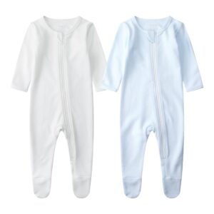 owlivia organic cotton baby pajamas, boys girls 2-pack zip front sleep 'n play, footed sleeper, long sleeve(newborn, white+blue)