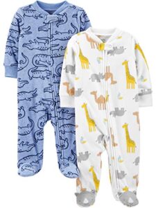 simple joys by carter's baby boys' 2-pack fleece footed sleep and play, blue alligator/white giraffe, 3-6 months