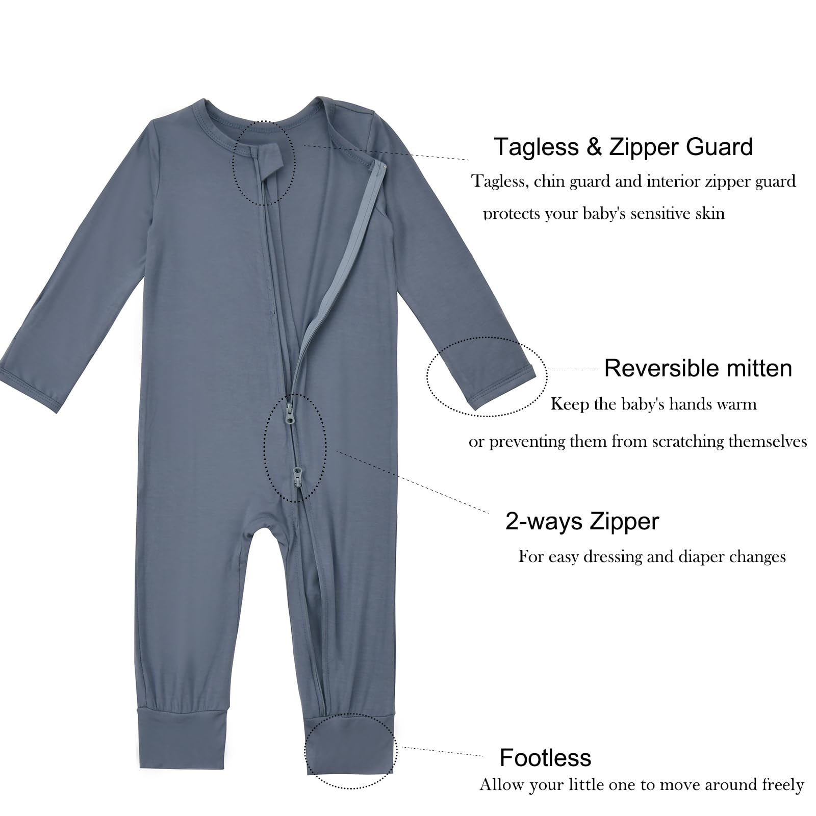 Aablexema Baby Footless Pajamas Zipper with Mitten, Rayon from Bamboo, Infant Long Sleeve Romper Pjs(Olive & Moonlight Blue,0-3m)