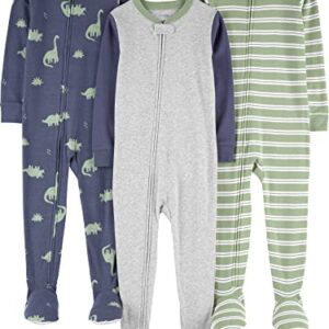 Simple Joys by Carter's Toddler Boys' Snug-Fit Footed Cotton Pajamas, Pack of 3, Green Stripe/Grey Heather/Indigo Wash Dinosaur, 3T