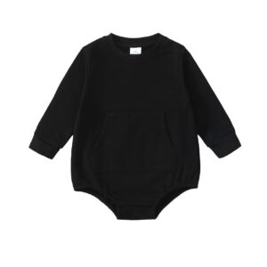 OPAWO Baby Sweatshirt Romper Onesie Newborn Boy Girl Bubble Romper Infant Crewneck Oversized Sweater Long Sleeve Pocket Bodysuit Fall Winter Clothes Outfits(Black,6-9Months)