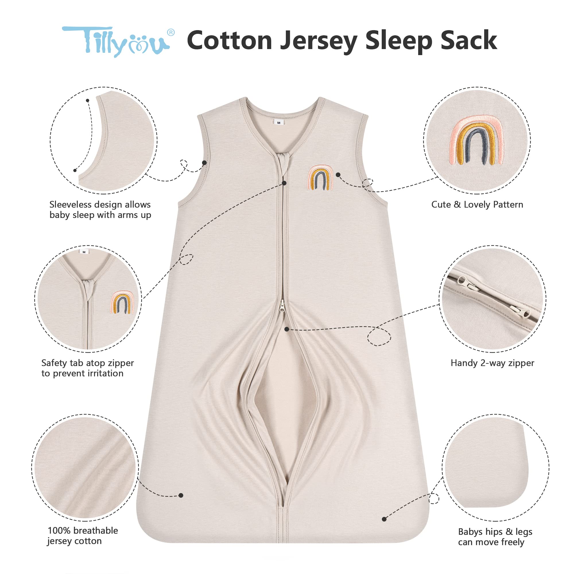 TILLYOU Sleep Sack 1 Pack - Baby Wearable Blanket with 2-Way Zipper, Extra Soft Cotton Sleeveless Sleeping Bag for Infants, 18-24 Months, Nude