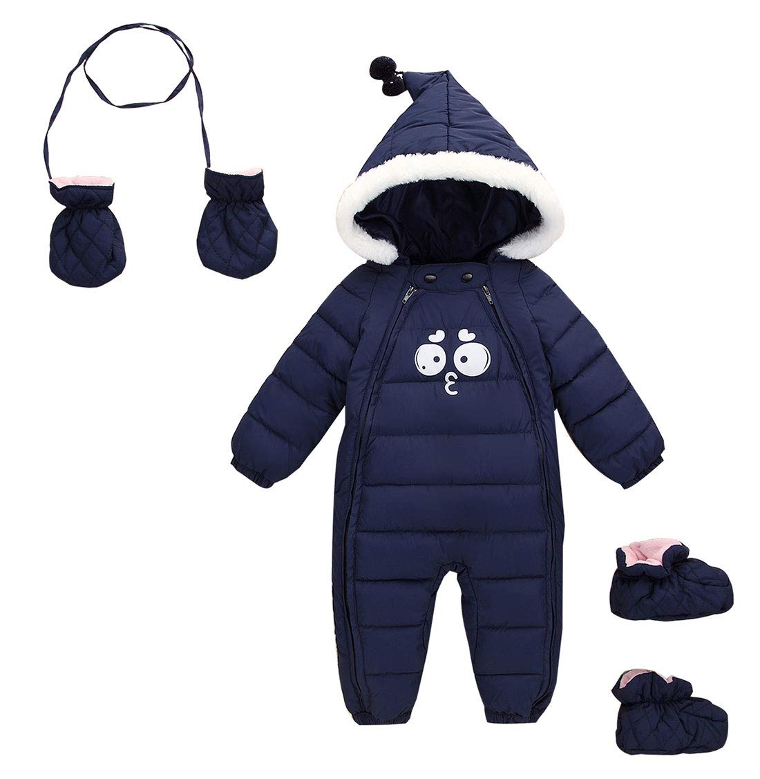 Happy Cherry Baby Winter One Piece Snowsuit with Hood Gloves Zipped Toddler Padded Sleepsuit Navy