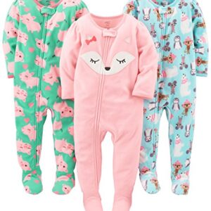 Simple Joys by Carter's Baby Girls' 3-Pack Loose Fit Flame Resistant Fleece Footed Pajamas, Blue Penguin/Green Pig/Pink Fox, 12 Months