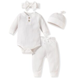 Aalizzwell Newborn Baby Boys Girls Clothes Ribbed Long Sleeve Fall Winter Outfit White NB Premature Gender Neutral Unisex