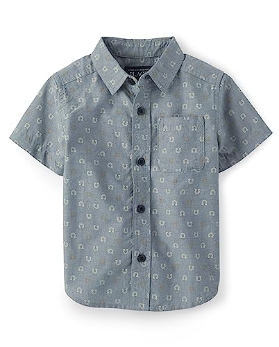 The Children's Place Baby Toddler Boys Poplin Short Sleeve Button Down Shirt, FEDERAL BLUE, 6-9 Months