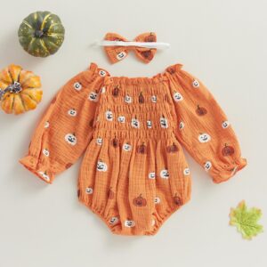 farrubbyine8 Baby Girl Halloween outfit Cute Pumpkin Romper Long Sleeve Bodysuit First Halloween Outfit Newborn Girl Fall Clothes (Orange, 0-6 Months)