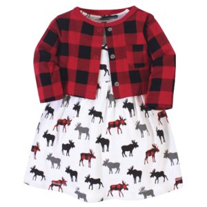 Hudson Baby Girls' Cotton Dress and Cardigan Set, Buffalo Plaid Moose, 6-9 Months