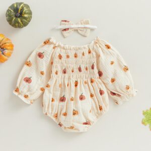 2pcs Infant Baby Girls Romper Dress Headband Long Sleeve Flowers Newborn Boho Girl Outfit Jumpsuit Clothes (Beige-Pumpkin, 12-18 Months)