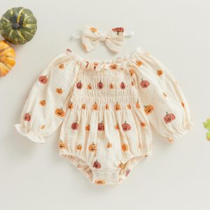 2pcs Infant Baby Girls Romper Dress Headband Long Sleeve Flowers Newborn Boho Girl Outfit Jumpsuit Clothes (Beige-Pumpkin, 12-18 Months)