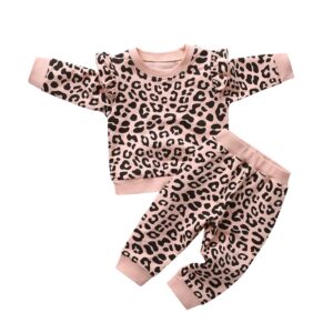 2pcs Baby Girl Leopard Print Ruffle Trim Long-sleeve Pullover and Sweatsuit Pants Clothes Set (6-9 Months) Pink