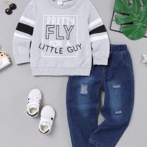 oklady Boy Clothes 5T 6T Long Sleeve Letter Sweatshirts Top and Ripped Jeans Pants Toddler Boys Fall Winter Outfits