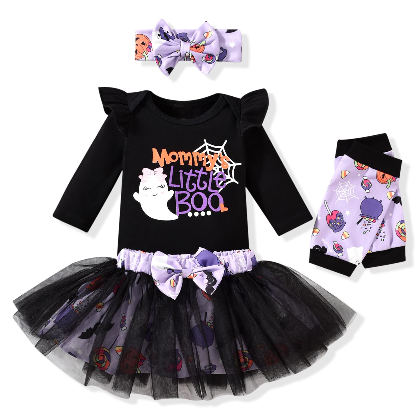 Aalizzwell 0-3 Months Baby Girls Halloween Outfit Infant Halloween Tulle Skirt Ghost Mommy's Little BOO Clothes with Leg Warmers Clothing Black