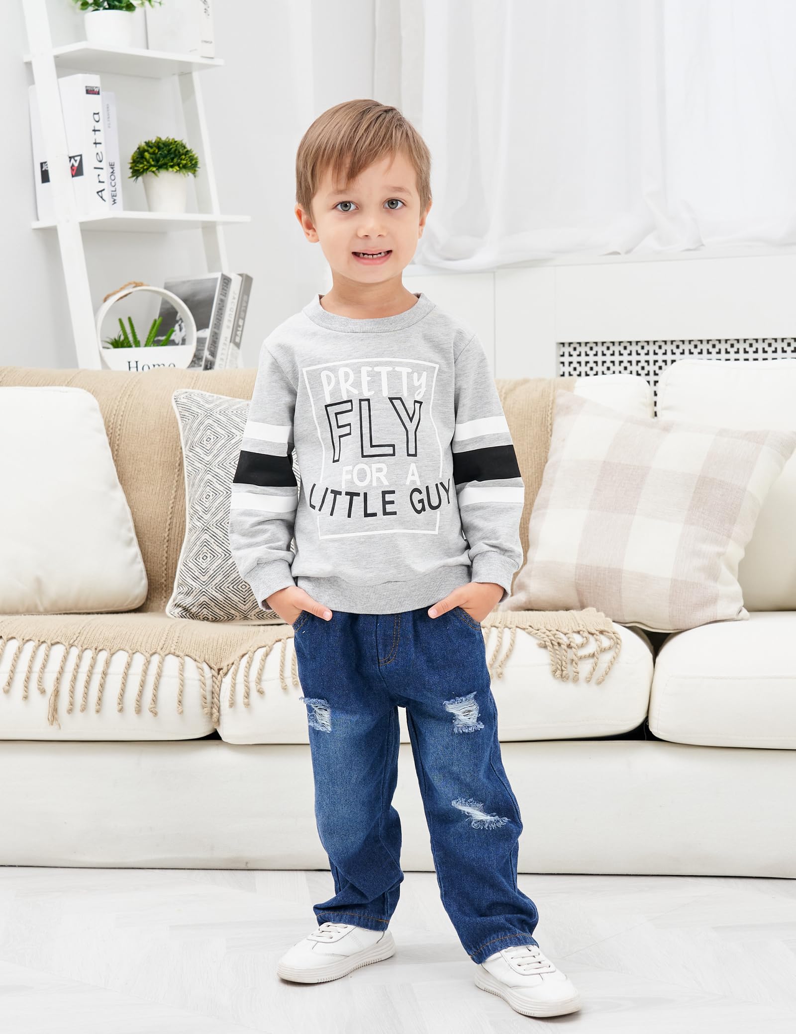 oklady Boy Clothes 5T 6T Long Sleeve Letter Sweatshirts Top and Ripped Jeans Pants Toddler Boys Fall Winter Outfits