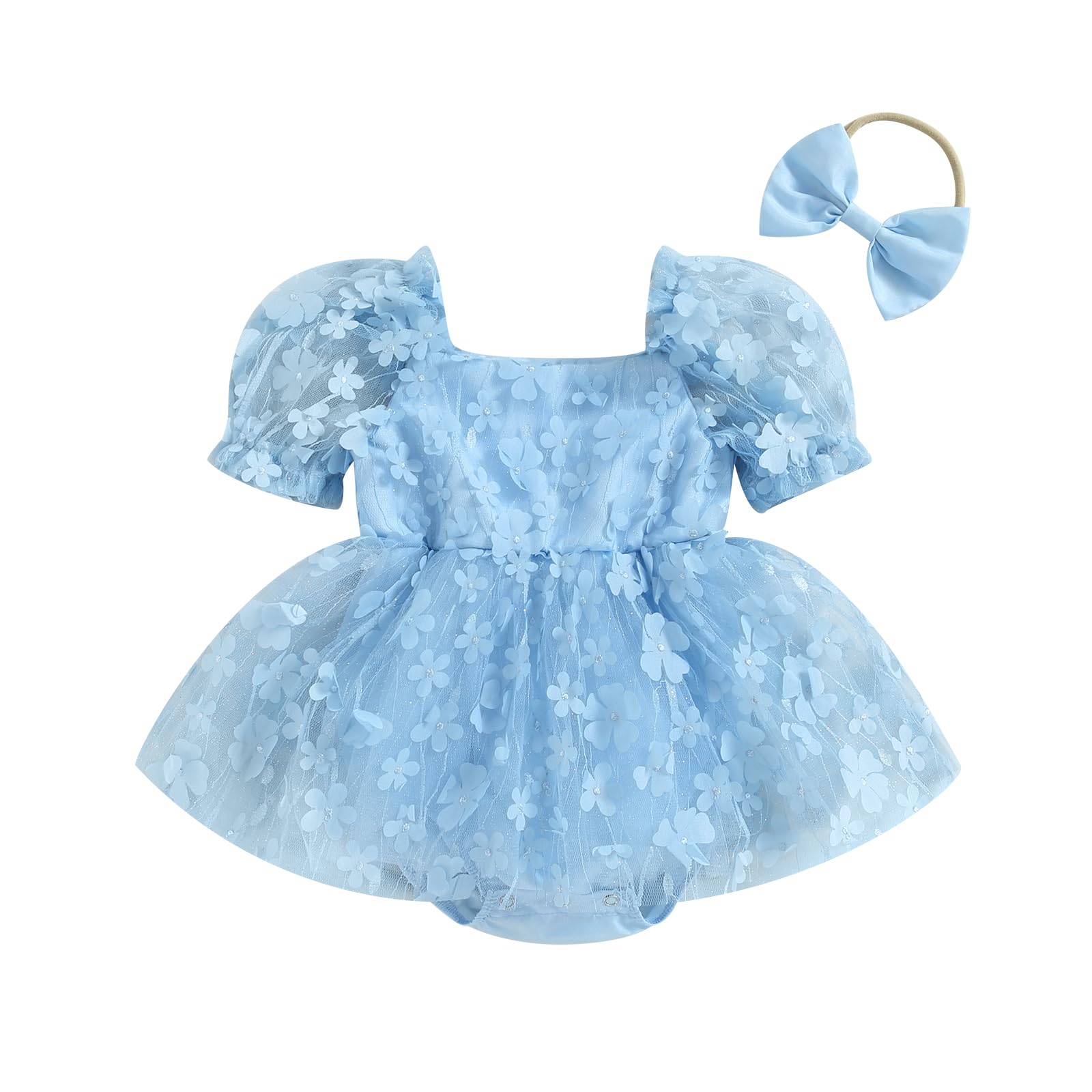 VISGOGO Baby Girl Tulle Dress Romper Sleeveless Onesie Knot Pleated Bodysuit Newborn Mesh Princess Outfits (D-Blue, 3-6 Months)