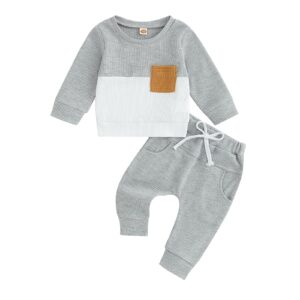 One opening 0-3T Toddler Baby Boy Clothes Patchwork Waffle Sweatshirt Pullover Shirt Top Long Pants Infant Boy Fall Winter Outfit (Gray, 0-6 months)