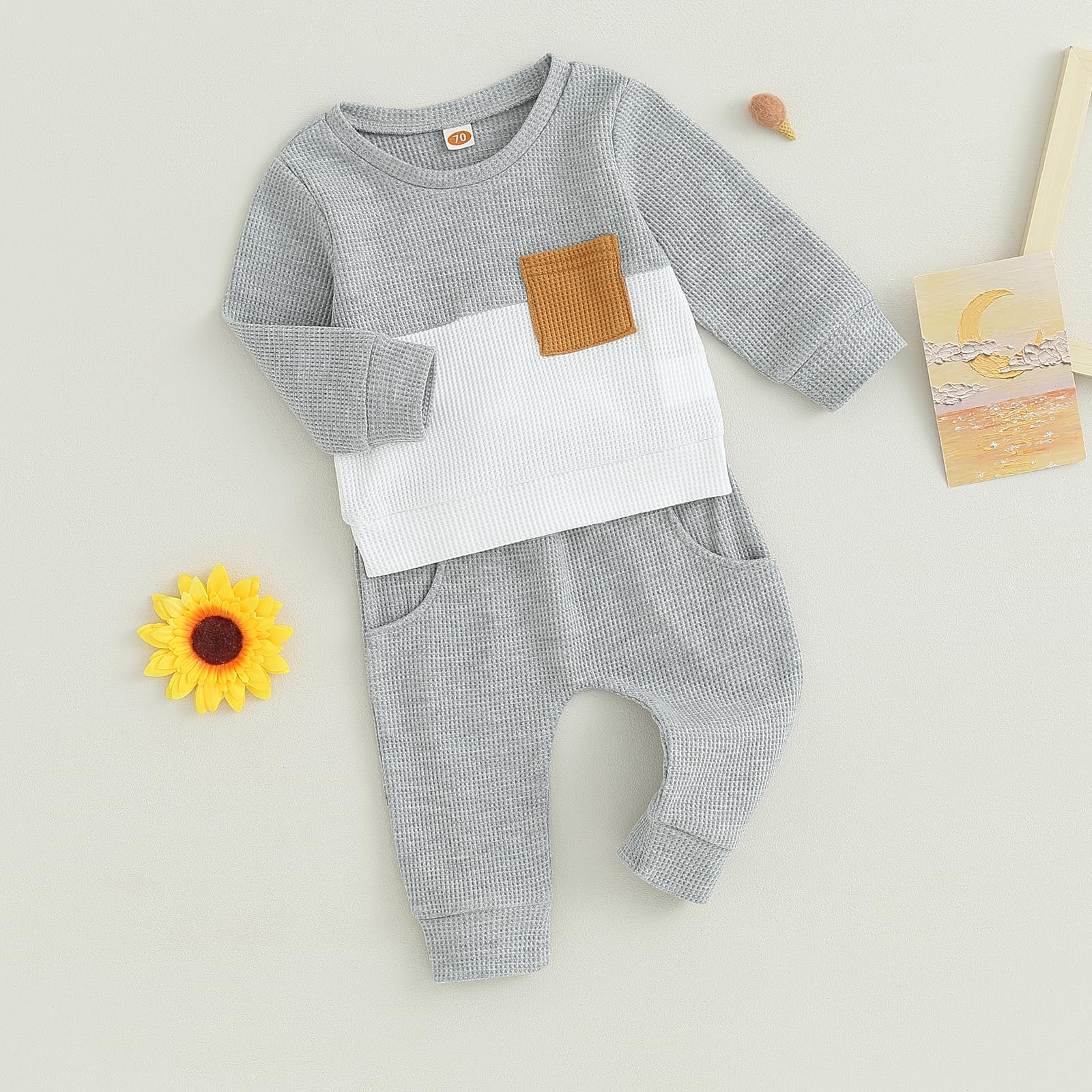 One opening 0-3T Toddler Baby Boy Clothes Patchwork Waffle Sweatshirt Pullover Shirt Top Long Pants Infant Boy Fall Winter Outfit (Gray, 0-6 months)