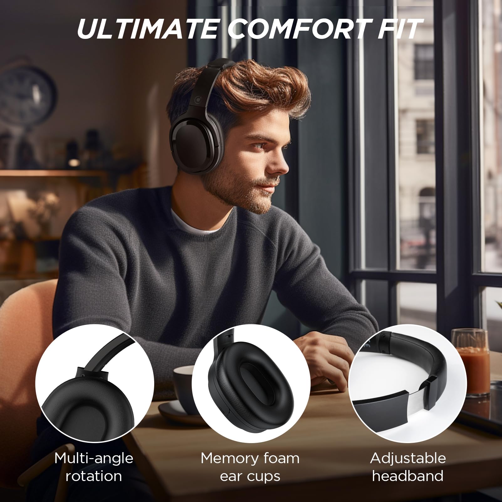 Tapaxis Hybrid Active Noise Cancelling Headphones Wireless Over Ear Bluetooth Headphones Wireless Headphones Noise Canceling with Deep Bass, Clear Calls, Comfortable Fit, 30H, Bluetooth 5.2, Black