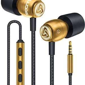 LUDOS CLAMOR Wired Earbuds in-Ear Headphones, 5 Years Warranty, Earphones with Microphone, Noise Isolating Ear Buds, Memory Foam for iPhone, Samsung, School Students, Kids, Women, Small Ears - Gold