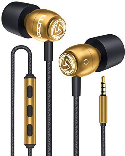 LUDOS CLAMOR Wired Earbuds in-Ear Headphones, 5 Years Warranty, Earphones with Microphone, Noise Isolating Ear Buds, Memory Foam for iPhone, Samsung, School Students, Kids, Women, Small Ears - Gold