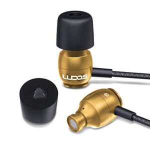 LUDOS CLAMOR Wired Earbuds in-Ear Headphones, 5 Years Warranty, Earphones with Microphone, Noise Isolating Ear Buds, Memory Foam for iPhone, Samsung, School Students, Kids, Women, Small Ears - Gold