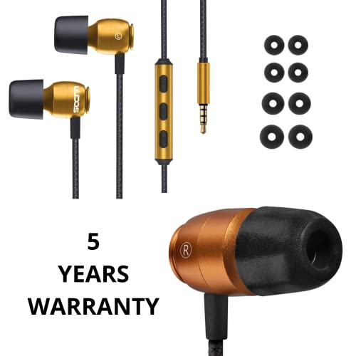 LUDOS CLAMOR Wired Earbuds in-Ear Headphones, 5 Years Warranty, Earphones with Microphone, Noise Isolating Ear Buds, Memory Foam for iPhone, Samsung, School Students, Kids, Women, Small Ears - Gold