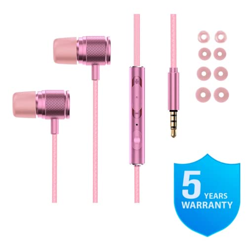 LUDOS ULTRA Wired Earbuds in-Ear Headphones, 5 Years Warranty, Earphones with Microphone, Noise Isolating Ear Buds, Memory Foam for iPhone, Samsung, School Students, Kids, Women, Small Ears - Pink