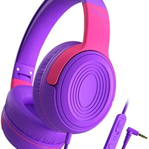 ELECDER Kids Headphones, S8 Wired Headphones for Kids with Microphone for Boys Girls, Adjustable 85dB/94dB Volume Limited, 3.5 mm Jack for School/Kindle/Smartphones/Tablet/Airplane Travel(Purple/Red)