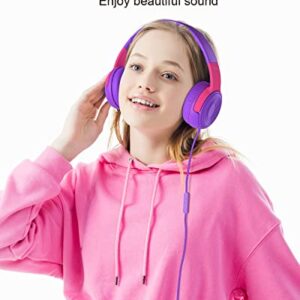 ELECDER Kids Headphones, S8 Wired Headphones for Kids with Microphone for Boys Girls, Adjustable 85dB/94dB Volume Limited, 3.5 mm Jack for School/Kindle/Smartphones/Tablet/Airplane Travel(Purple/Red)