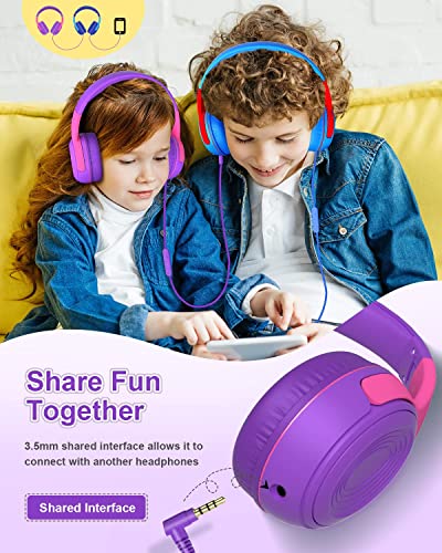 ELECDER Kids Headphones, S8 Wired Headphones for Kids with Microphone for Boys Girls, Adjustable 85dB/94dB Volume Limited, 3.5 mm Jack for School/Kindle/Smartphones/Tablet/Airplane Travel(Purple/Red)