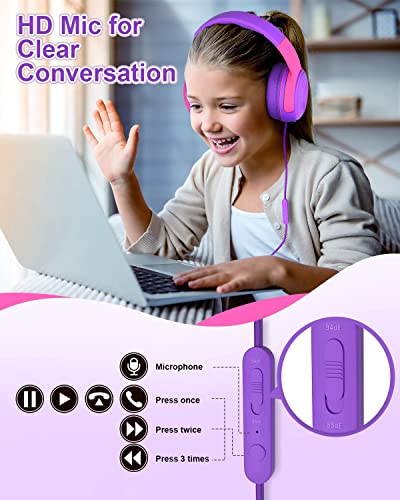 ELECDER Kids Headphones, S8 Wired Headphones for Kids with Microphone for Boys Girls, Adjustable 85dB/94dB Volume Limited, 3.5 mm Jack for School/Kindle/Smartphones/Tablet/Airplane Travel(Purple/Red)