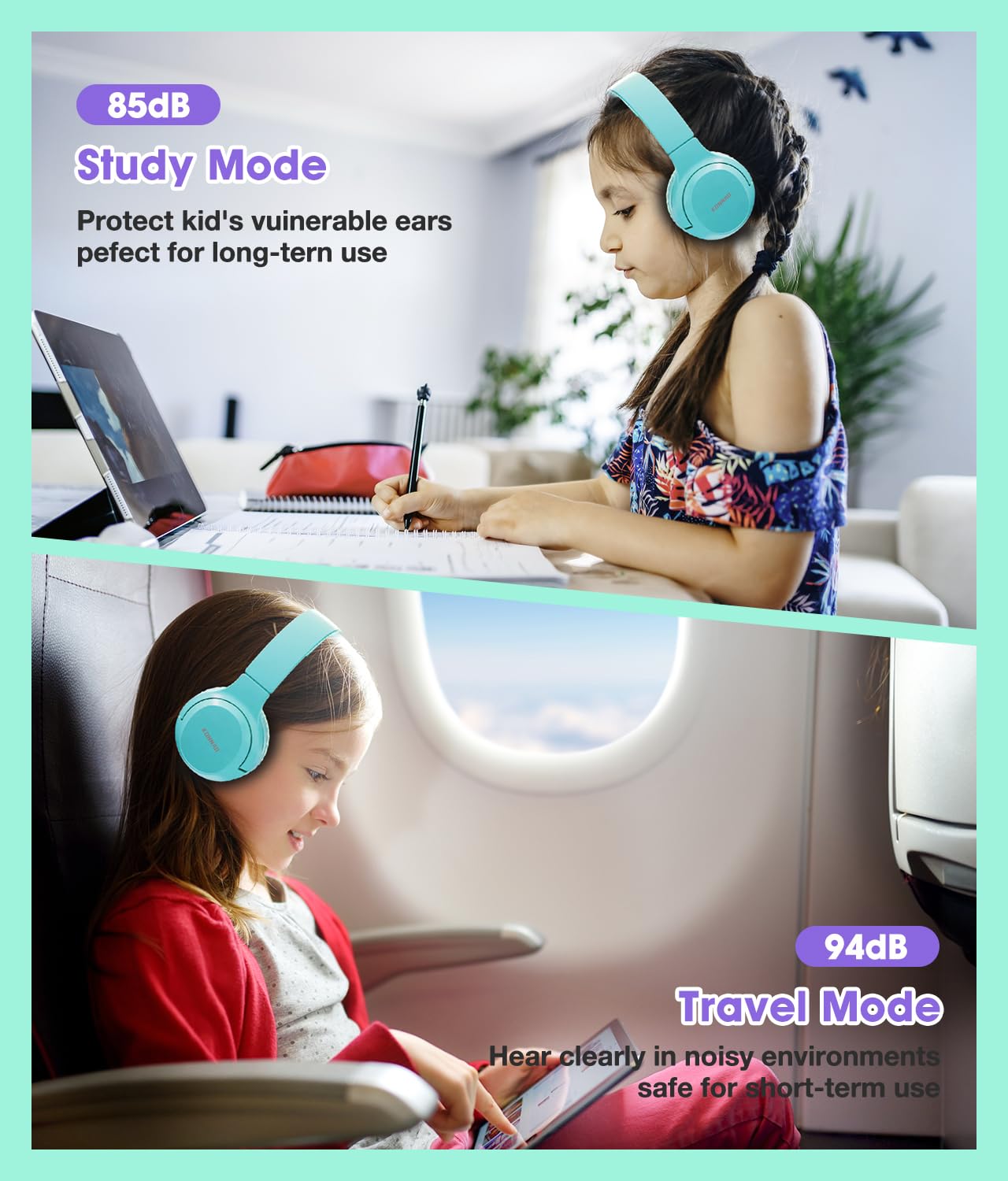 KONNAO Kids Headphones Wireless 60H, Foldable On Ear Headphone with MIC, Volume Limiter 85dB/94dB Wireless & Wired Headphones, Over-Ear Headphone for Kid Adult School Online Class Travel, Green